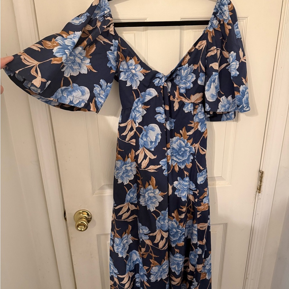 Abercrombie & Fitch Navy Floral Midi Dress with Blue and Tan Flowers - Picture 4 of 6